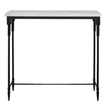 A console table with a honed white marble top and a satin black iron base.