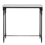 A console table with a honed white marble top and a satin black iron base.