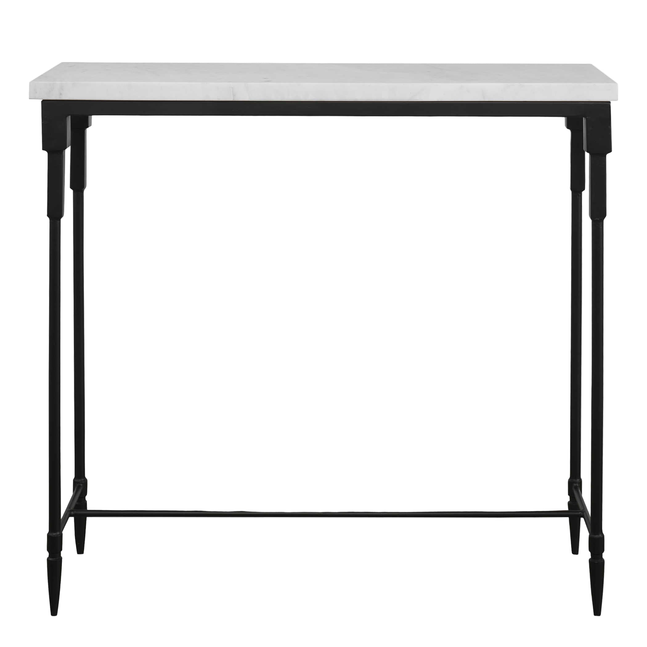 A console table with a honed white marble top and a satin black iron base.