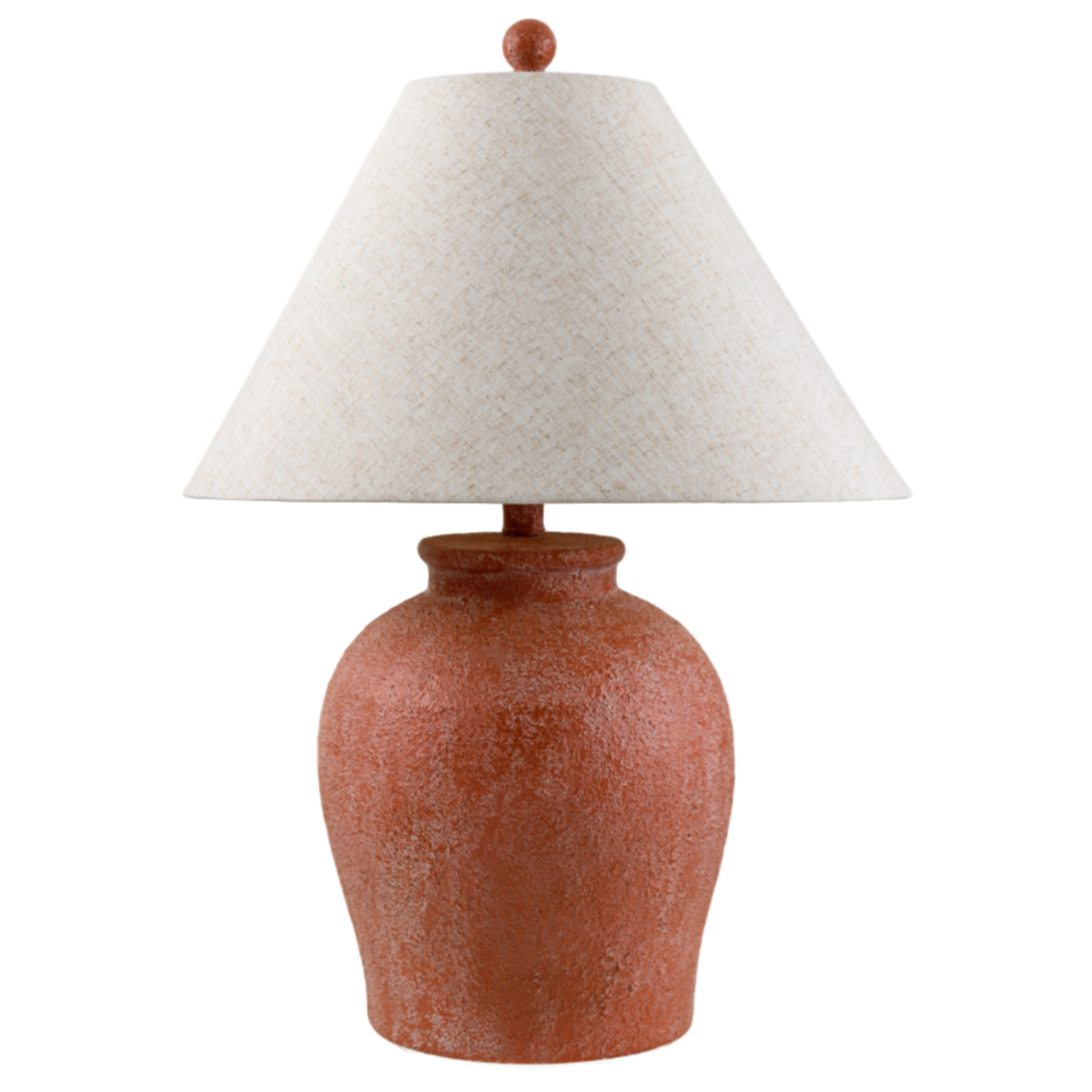 Table lamp with terracotta base and white shade on a white background