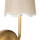 Gold wall sconce with beige lamp shade on white wall.