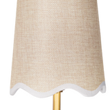 Gold wall sconce with beige shade on white wall.