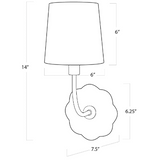 Camilla sconce with dimensions on white background.