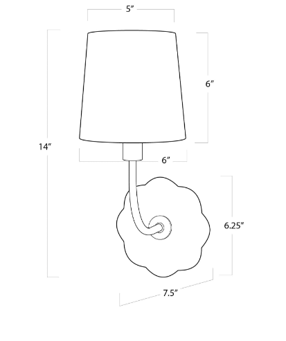 Camilla sconce with dimensions on white background.