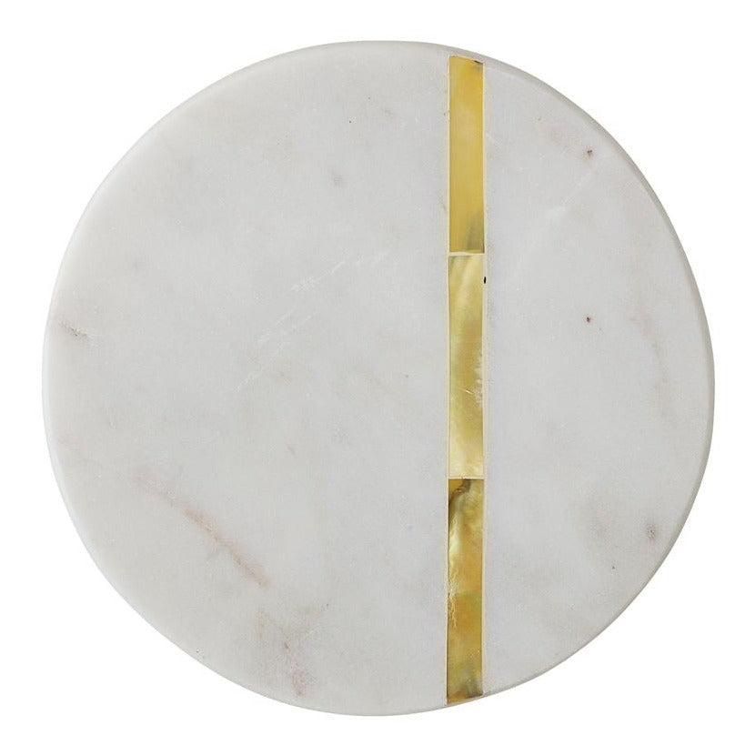 Marble coasters with mother of pearl vertical inlay stripe on white background