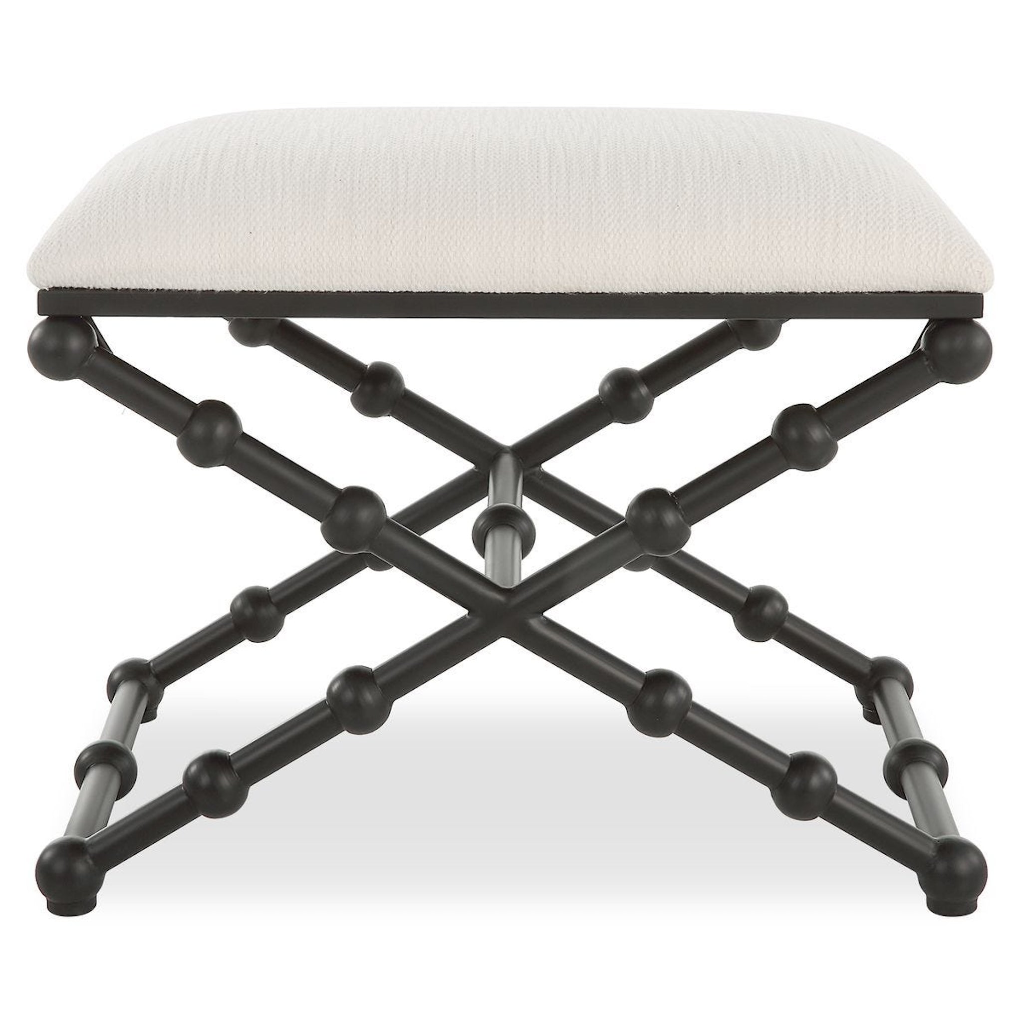 Stool with black metal frame and white cushion on a white background