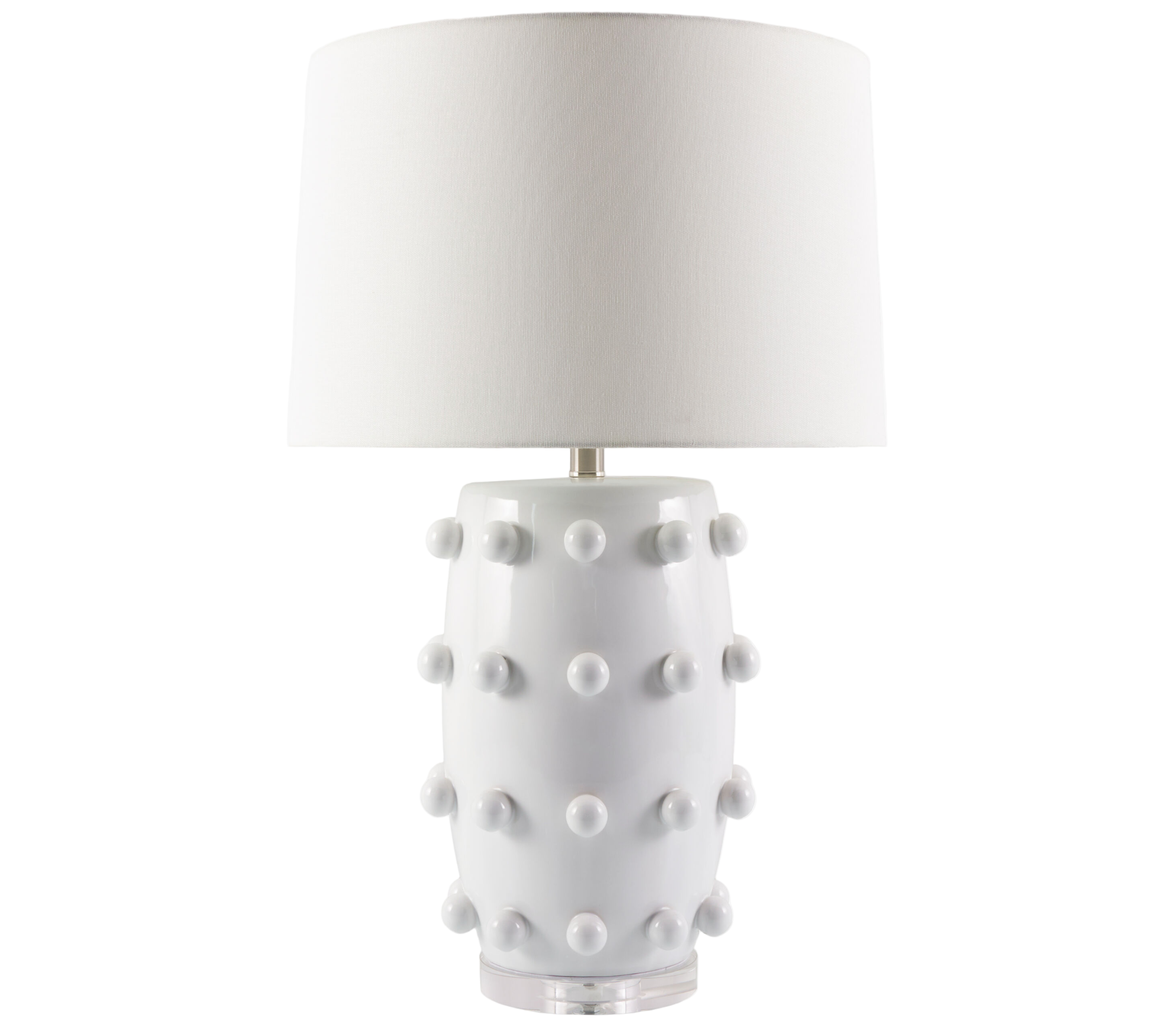 Table lamp with textured white base and gray shade on a white background