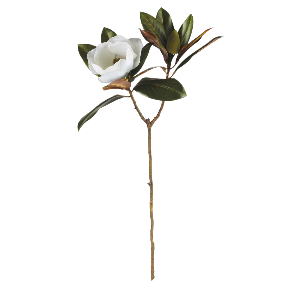 Artificial flower stem with a white bloom and green leaves on a white background