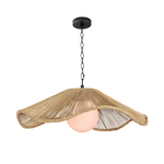 Woven pendant light with a white bulb on a white background