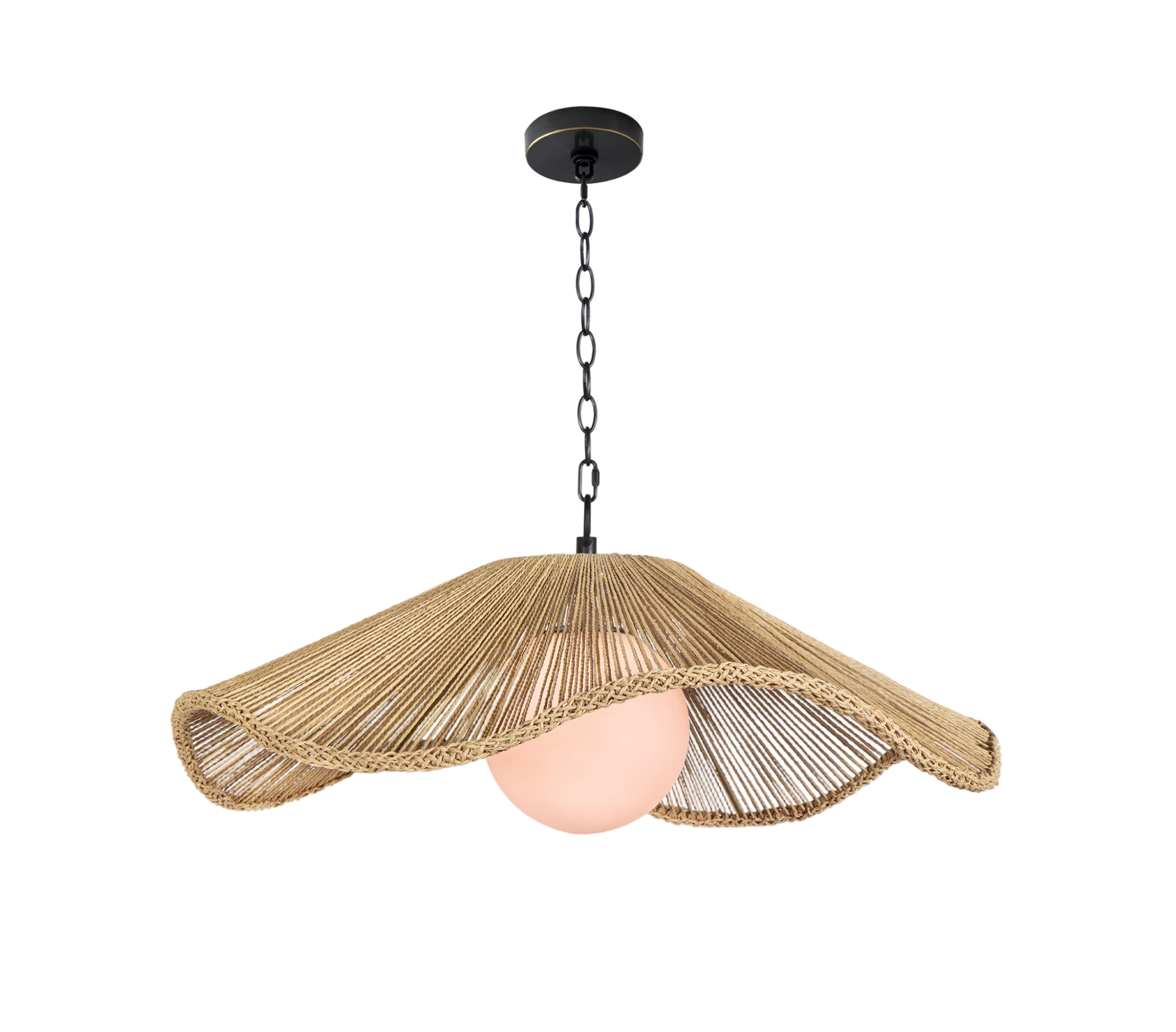 Woven pendant light with a white bulb on a white background