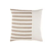 Striped pillow with beige and white horizontal stripes on a white background