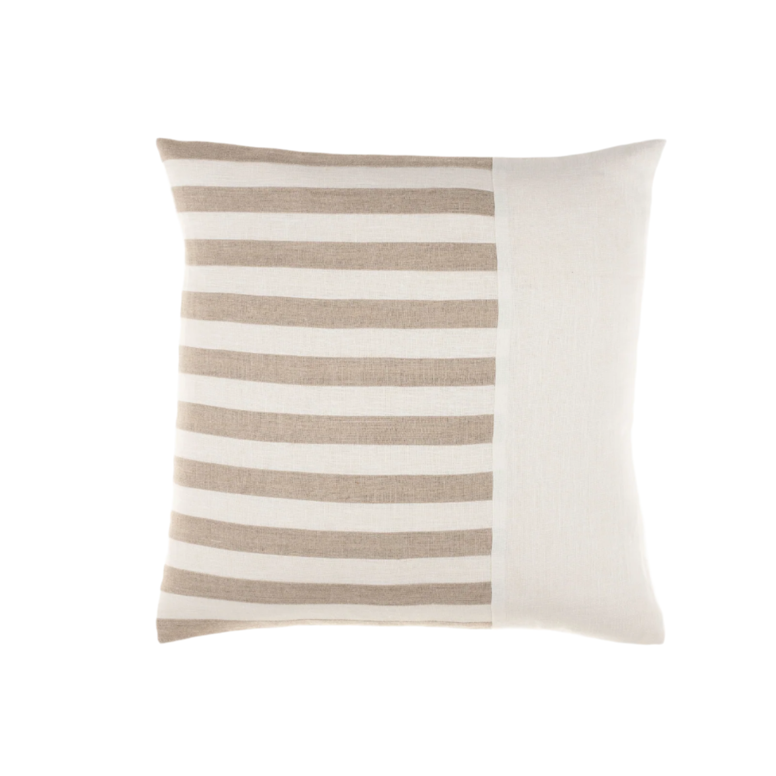 Striped pillow with beige and white horizontal stripes on a white background