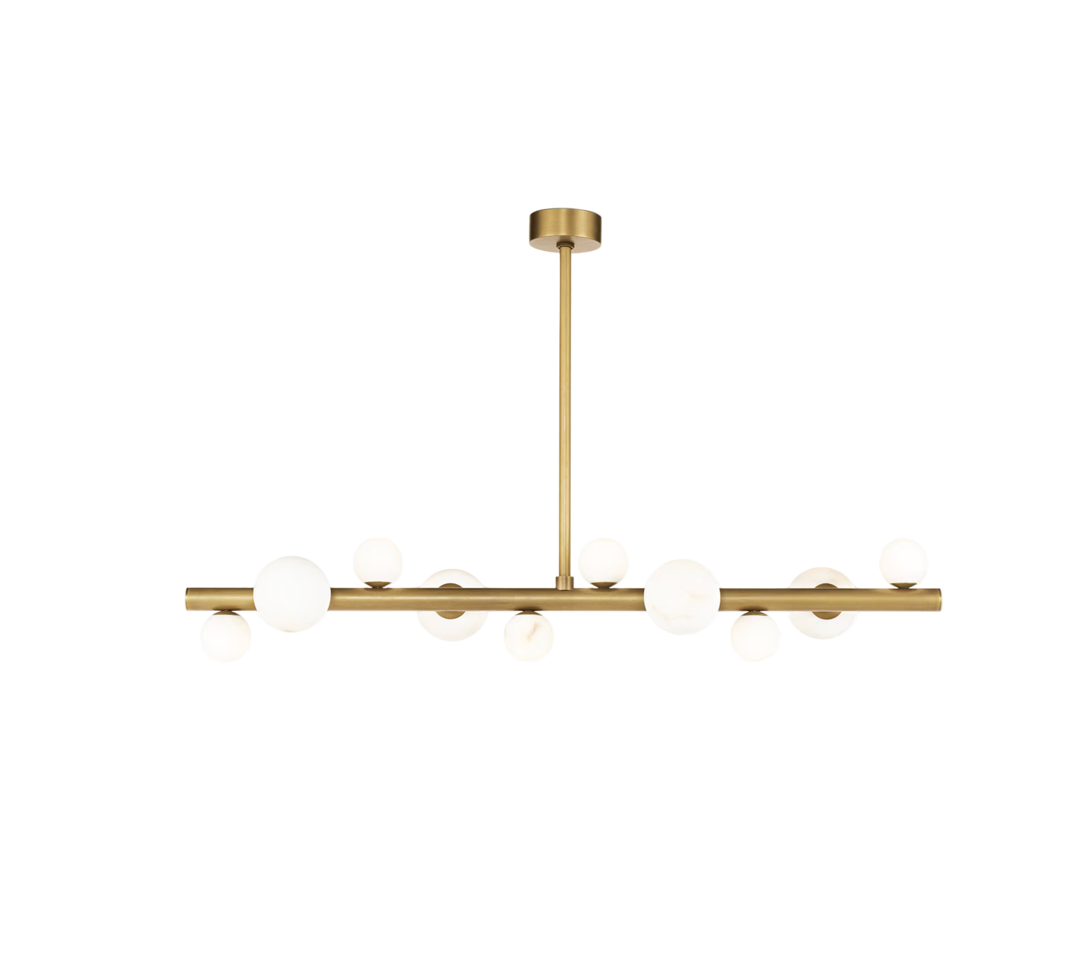 Modern chandelier with gold finish on a white background