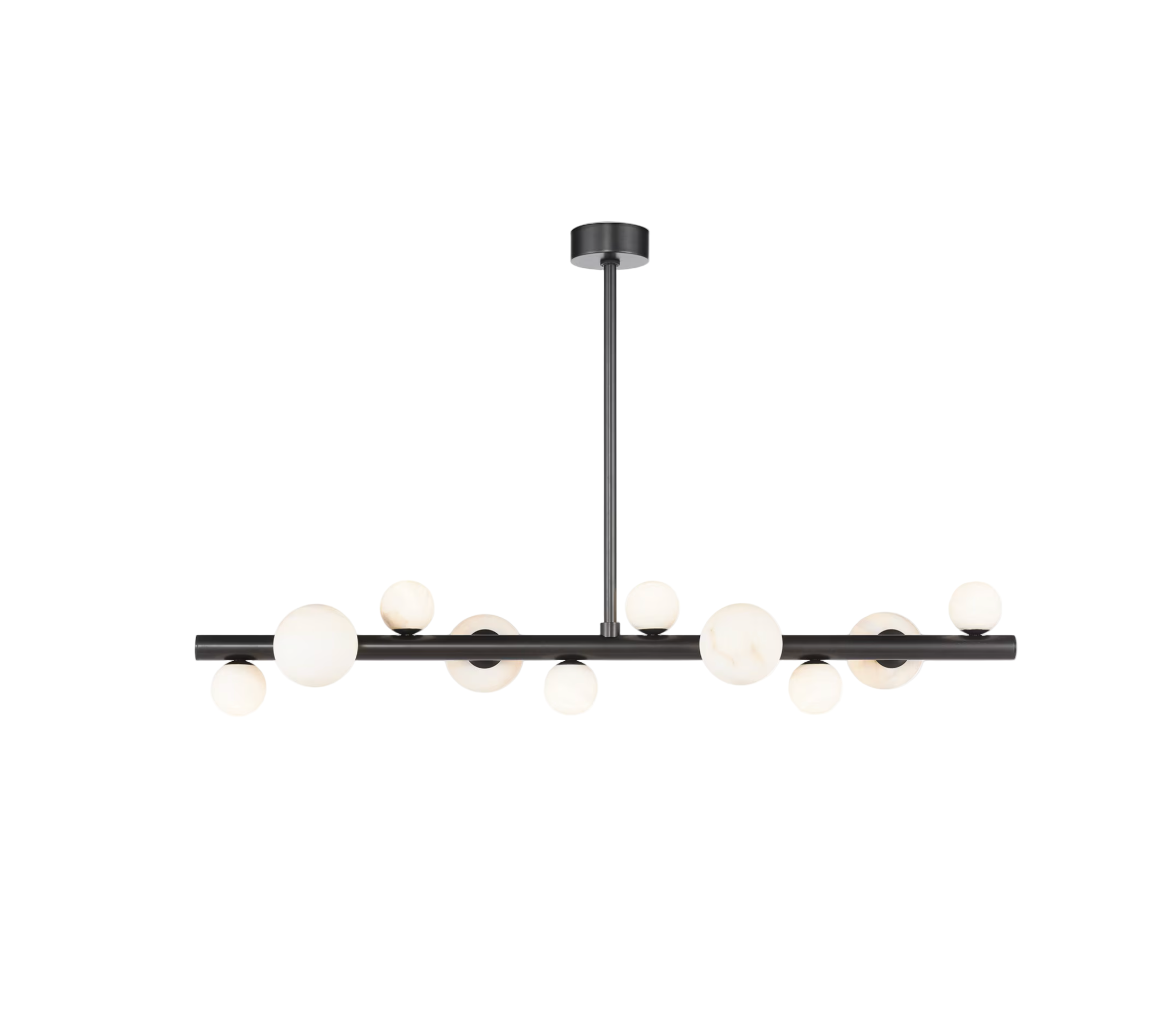 Modern chandelier with black frame and white bulbs on a white background