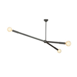 Modern black pendant light fixture with three arms on a white background