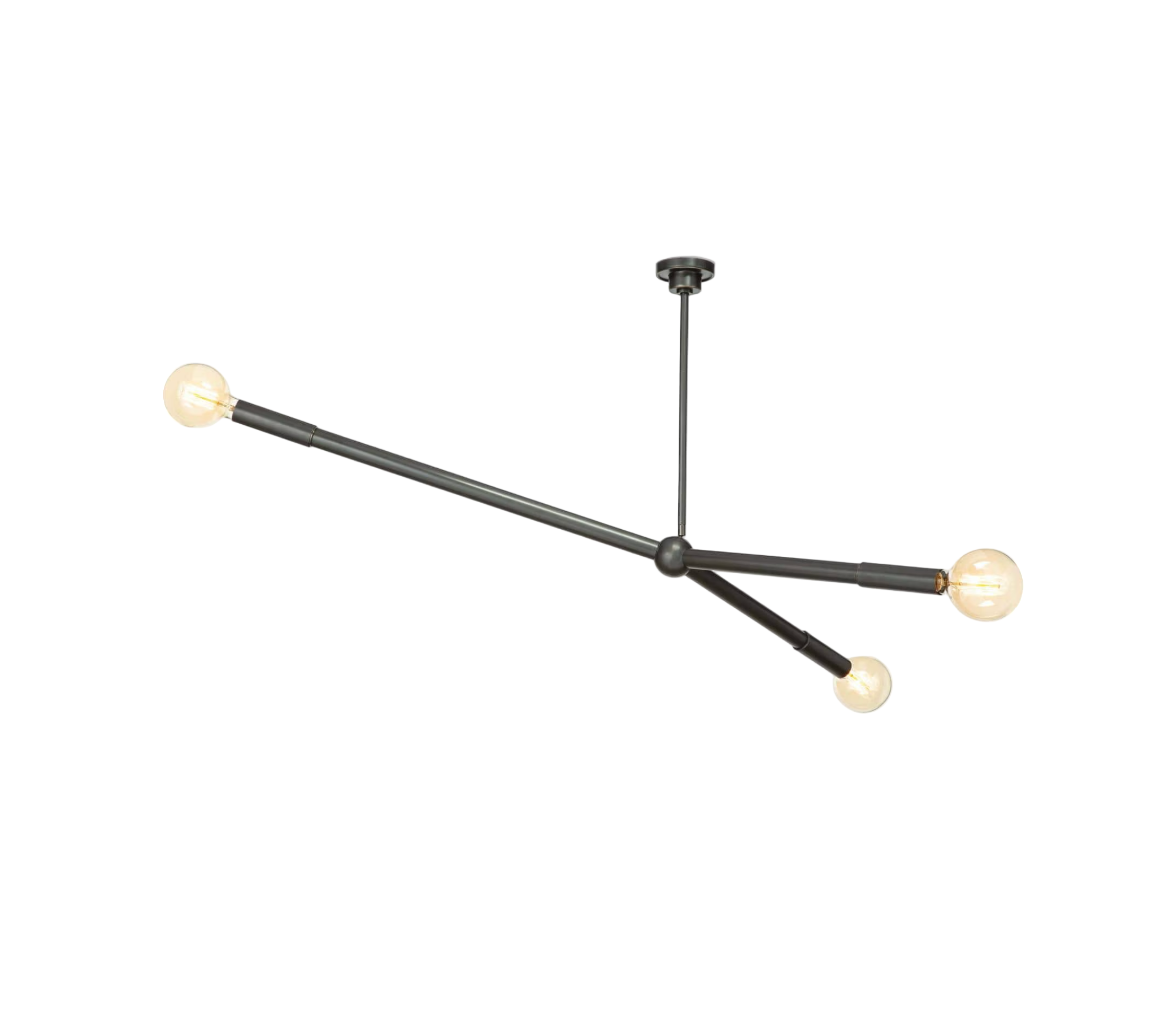 Modern black pendant light fixture with three arms on a white background