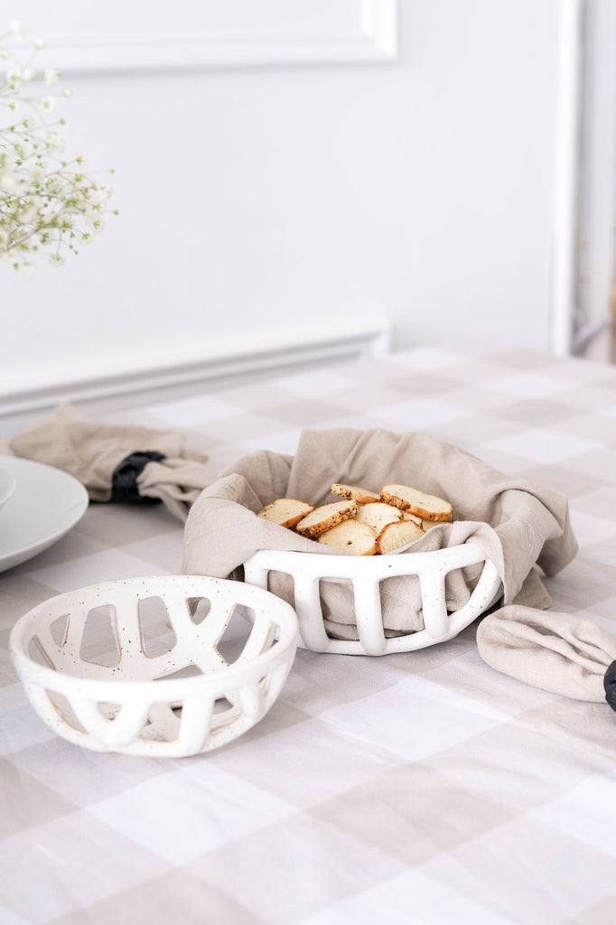 Avery Napkin styled with stoneware basket bowl