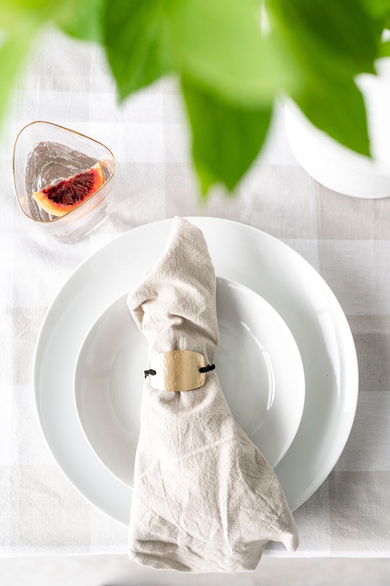 Avery Napkin styled with  classic white dinnerware