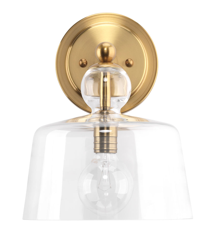 Hudson gold wall sconce on white wall.