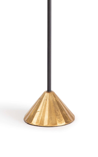 Gold and black lamp with white background.