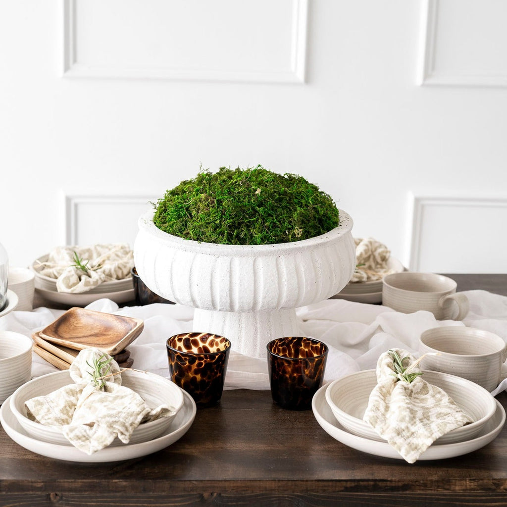 White Aegean Pedestal bowl with moss on table with white wall behind