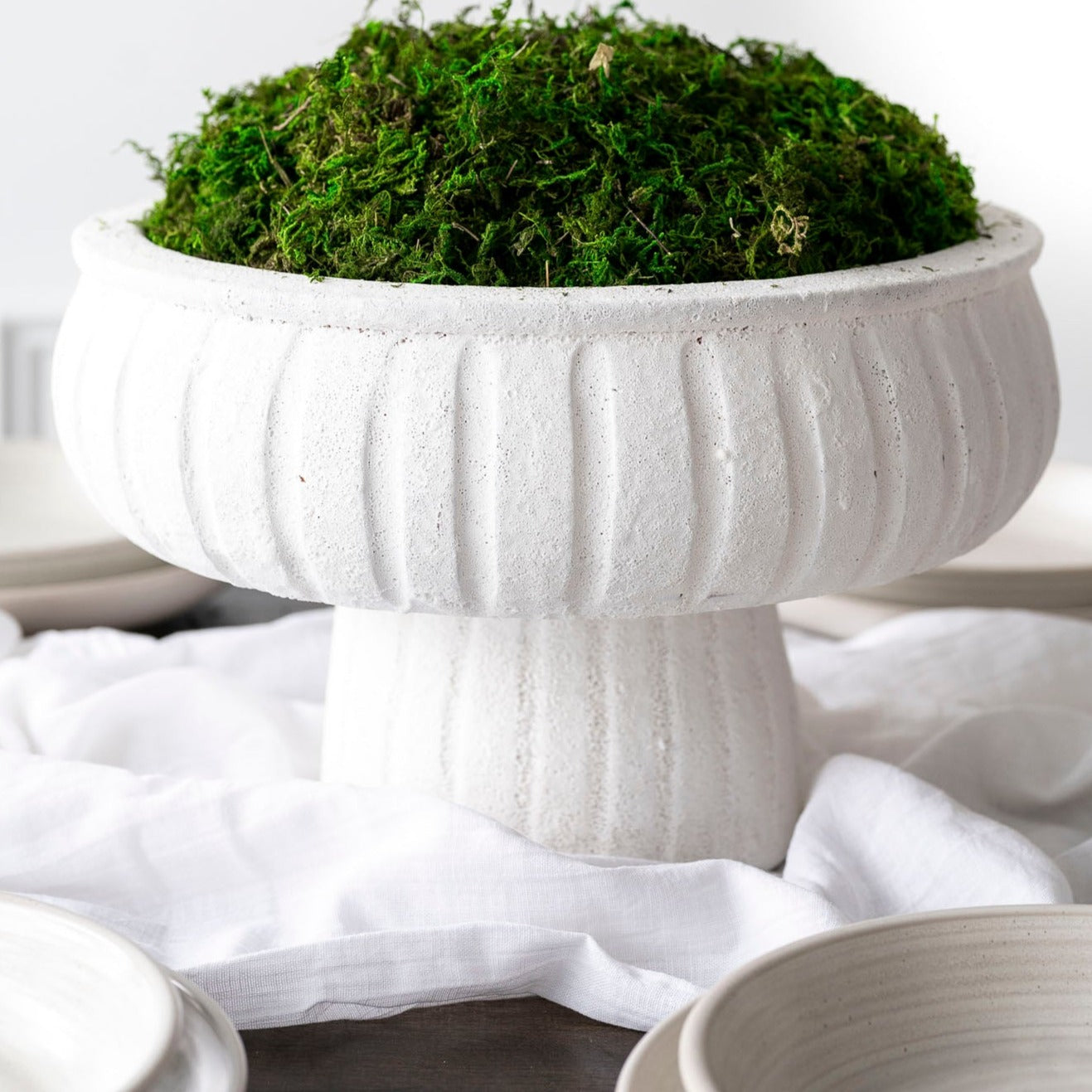 White Aegean Pedestal bowl with moss on table with white wall behind