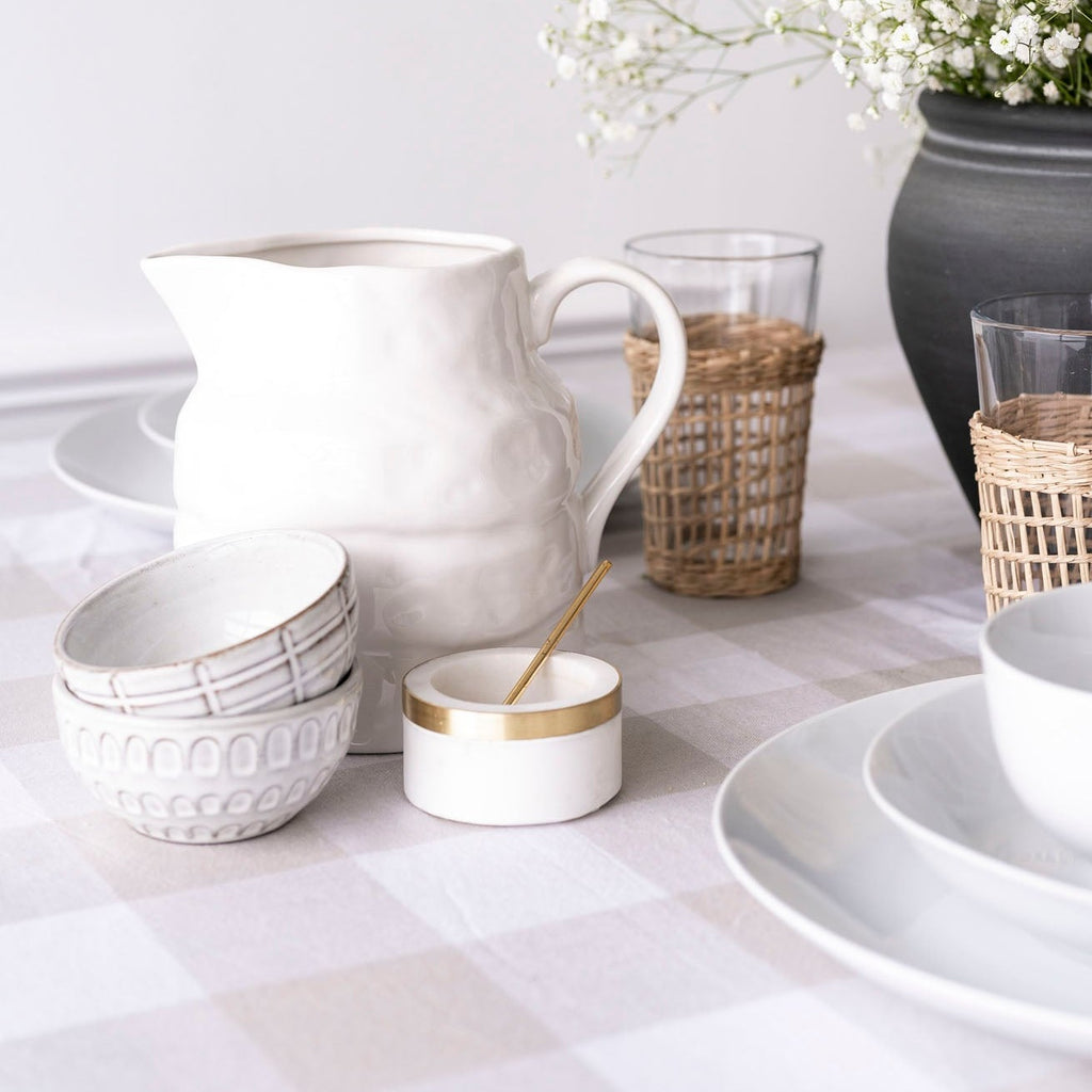 table setting using white stoneware pitcher 
