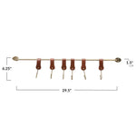brass rod with leather hooks on white background with measurements. 29.5" long and 1.5" deep 