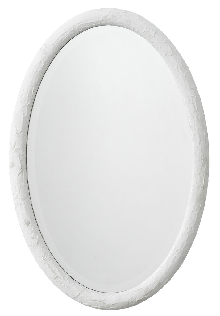 Ovation white oval mirror on white wall.