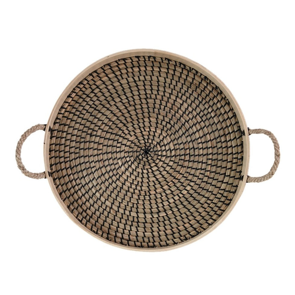 Bamboo tray with woven black welting and rope handles with white background
