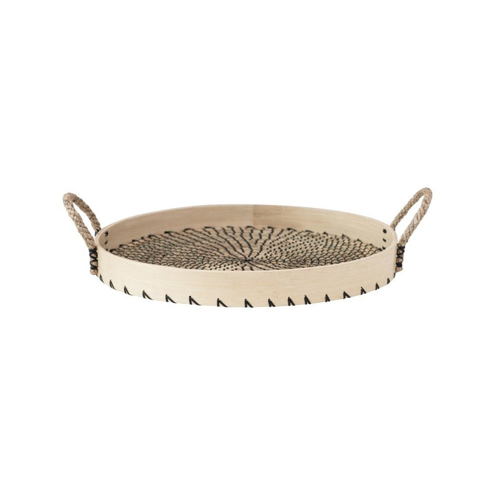Bamboo tray with woven black welting and rope handles with white background side view