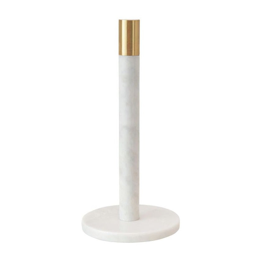 white marble freestanding paper towel holder with brass 3" rim at the top and white background