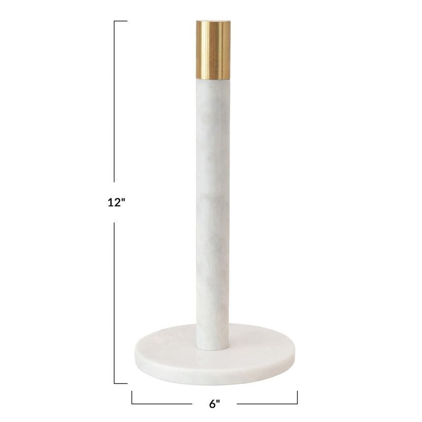 white marble freestanding paper towel holder with brass 3" rim at the top and white background
