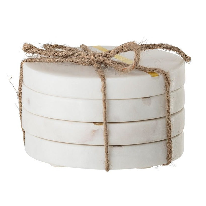 set of 4 tied with jute Marble coasters with mother of pearl vertical inlay stripe on white background